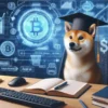 Doge w birecie siedzący przy biurku. W tle logo BItcoina