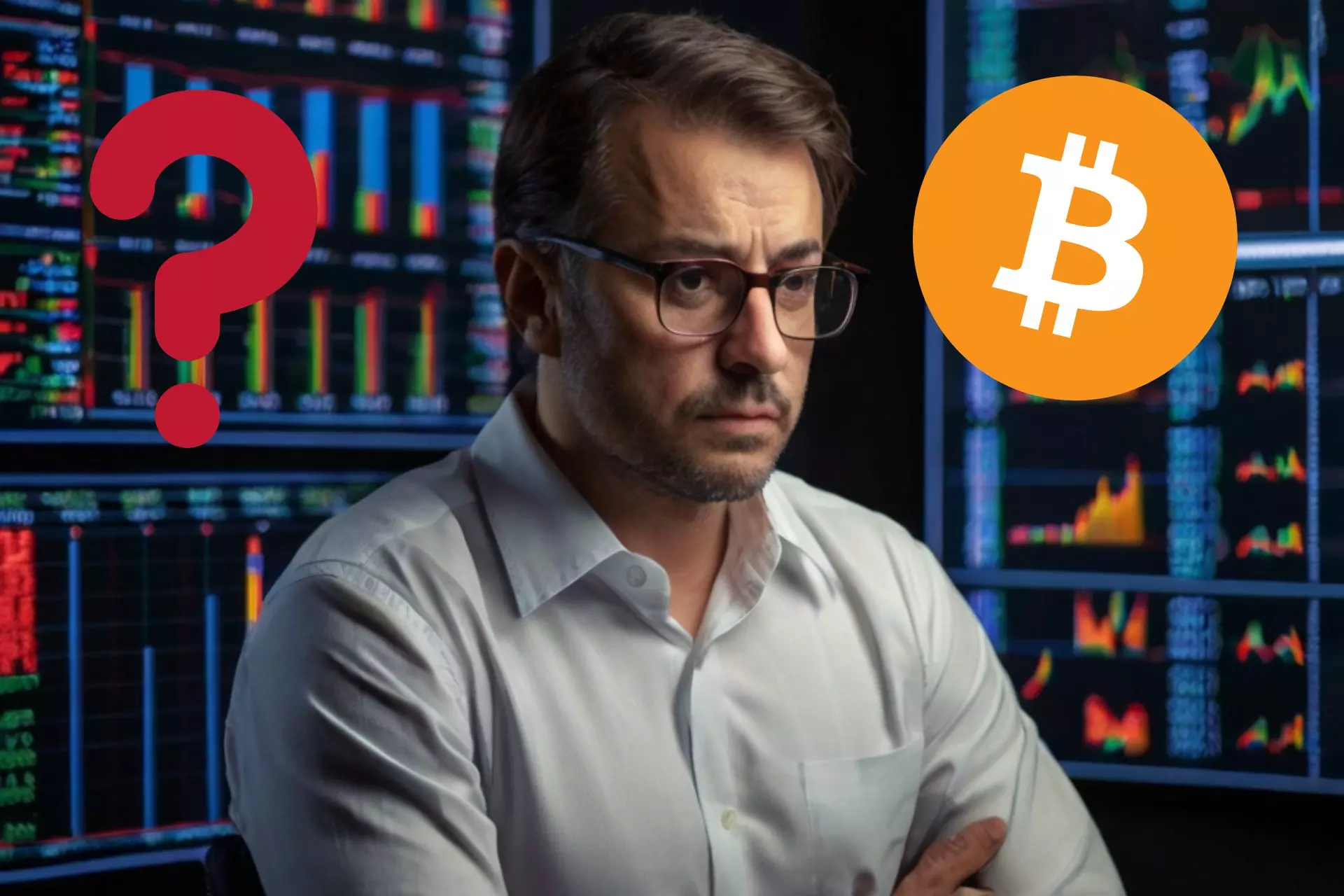 Zamyślony ekspert, w tle Bitcoin, znak zapytania i wykresy giełdowe