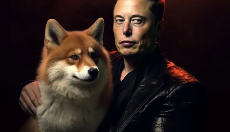 Elon Musk z psem rasy Shiba Inu symbolizującego kryptowalutę Dogecoin