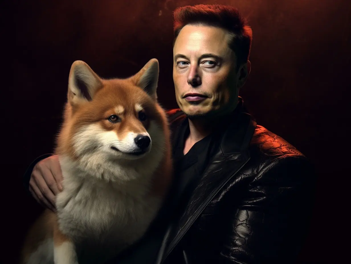 Elon Musk z psem rasy Shiba Inu symbolizującego kryptowalutę Dogecoin