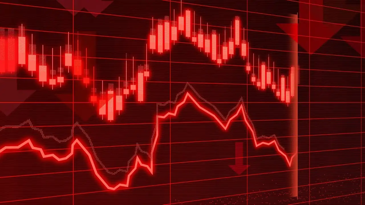 Spadkowy wykres cen, z czerwonymi strzałami skierowanymi w dół, sugerującymi krach rynkowy