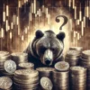 Niedźwiedź przyglądający się monetom BTC. W tle znak zapytania i wykresy giełdowe.