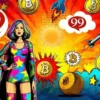 Superbohaterska, w tle start rakiety, Bitcoiny i logo 99 BTC.