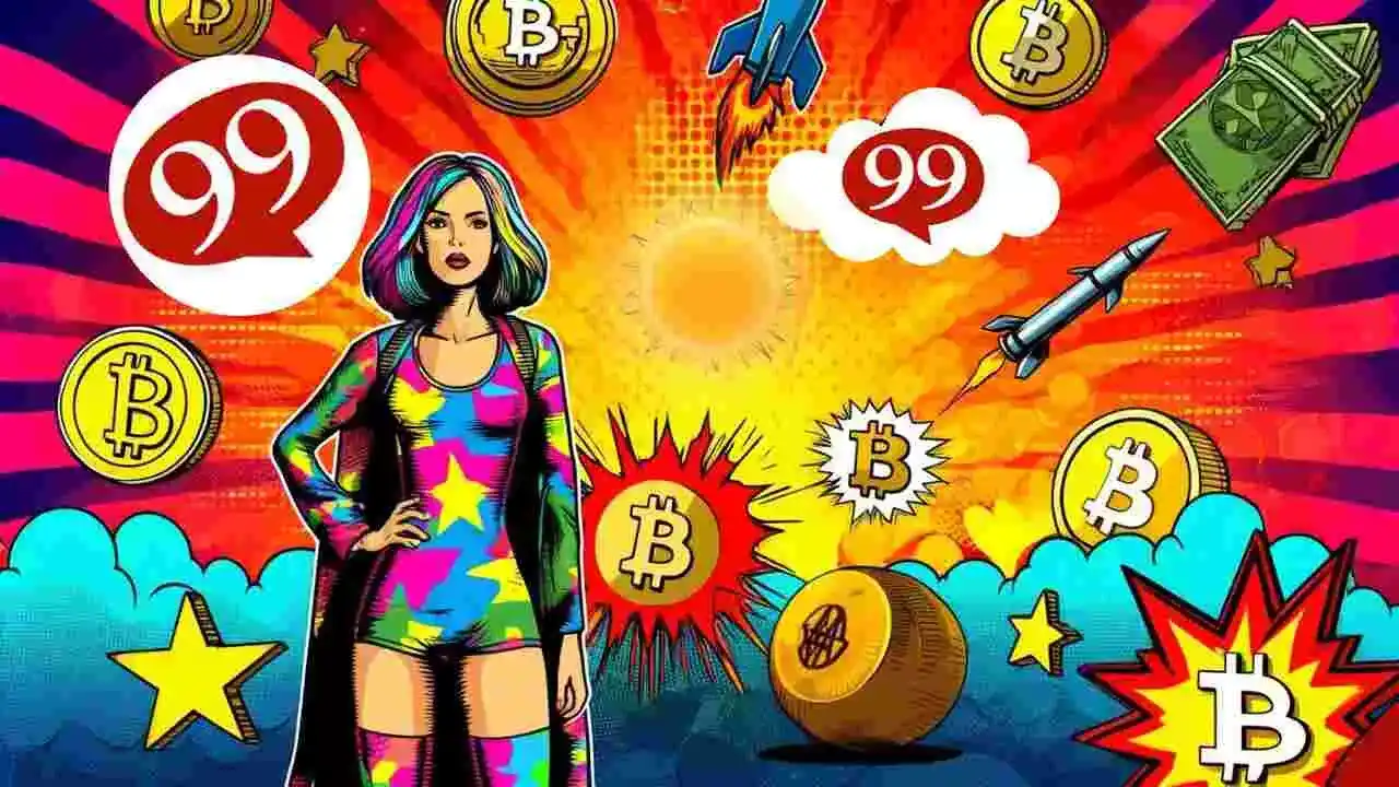 Superbohaterska, w tle start rakiety, Bitcoiny i logo 99 BTC.