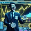 Trader trzymający Bitcoiny. W tle wykresy giełdowe.