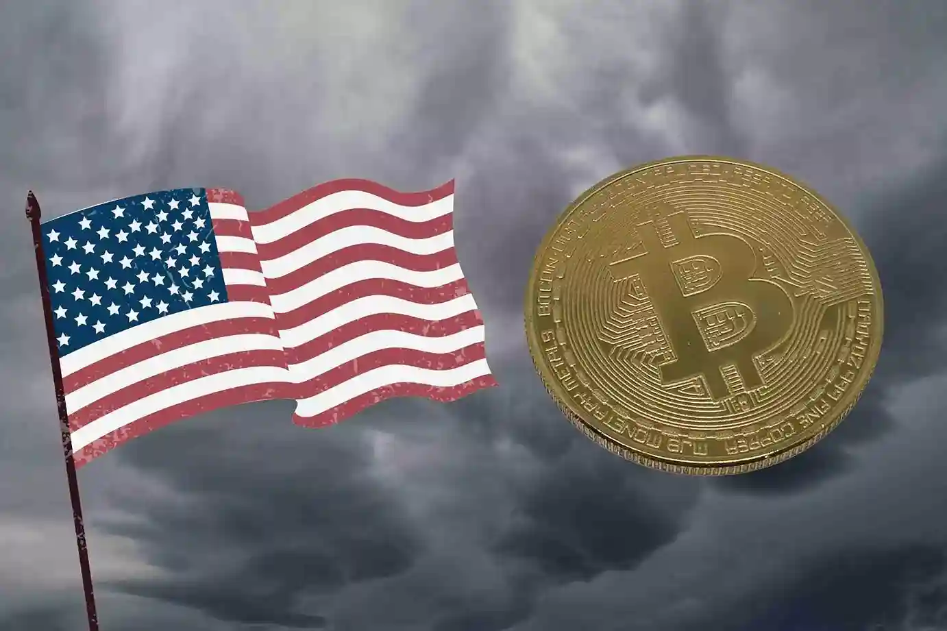 Flaga USA i Bitcoin. Czarne chmury w tle.