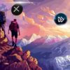 Alpiniści spacerujący po górach. W tle logo Ethereum, XRP i Algotech.