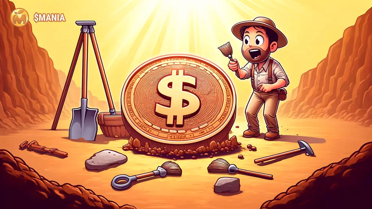 Archeolog badający monetę z symbolem dolara. W tle słońce, kanion i narzędzia.