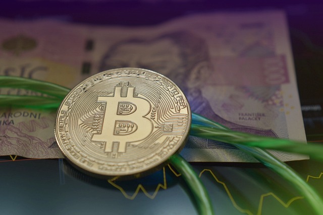 Bitcoin leżący na banknocie papierowym