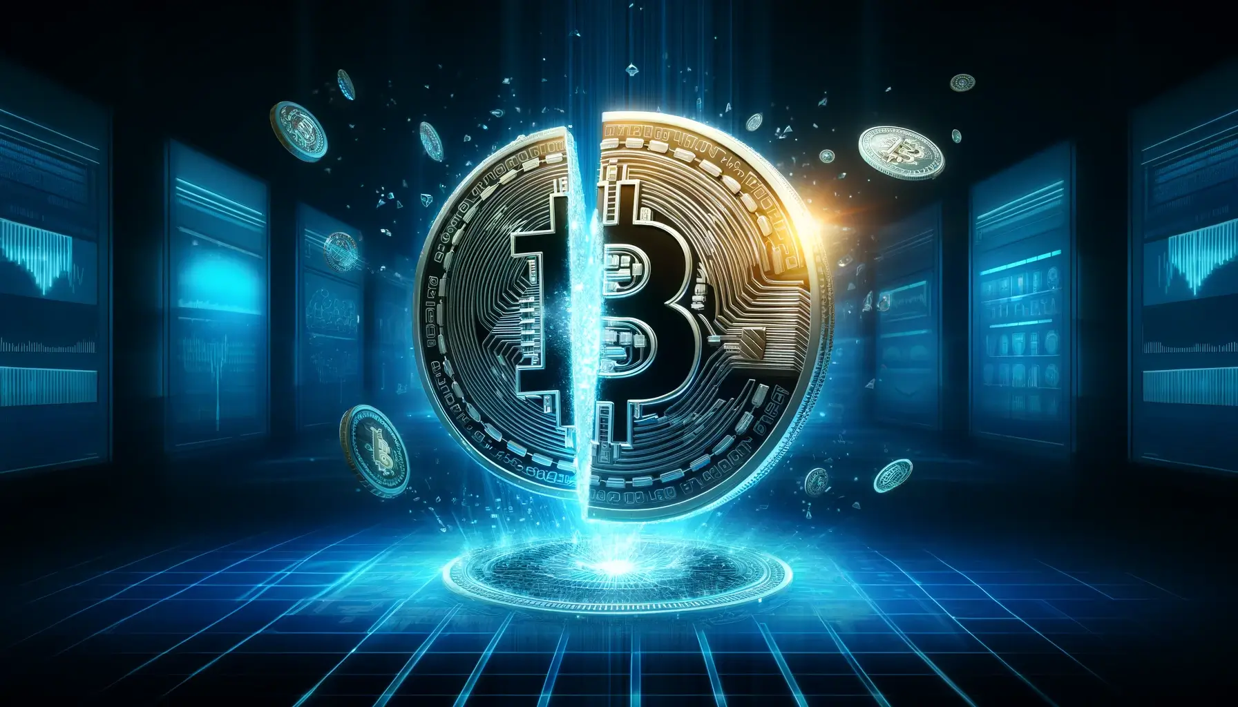 Przepołowiona moneta Bitcoin na niebieskim tle