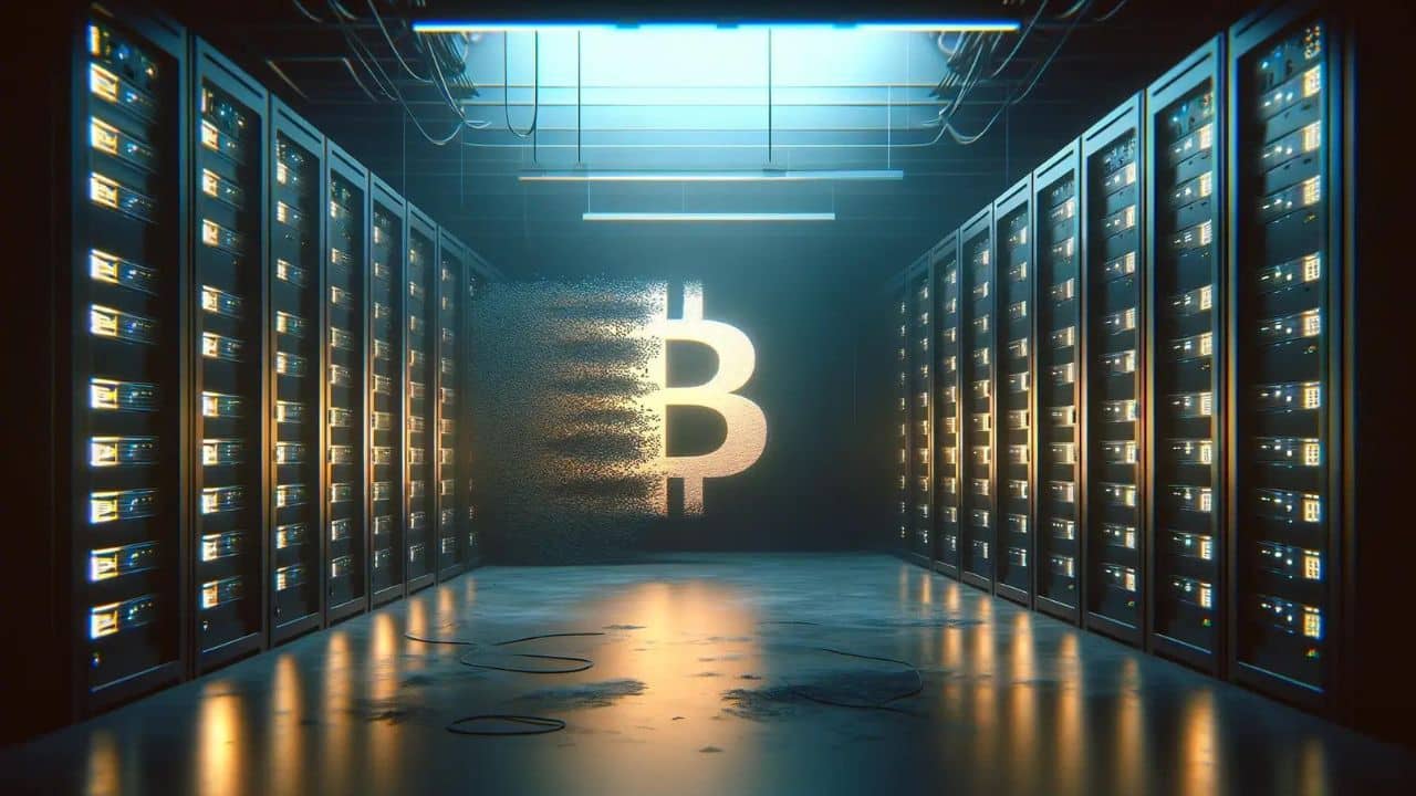 Przestrzeń z koparkami Bitcoinów, w centrum logo Bitcoina