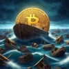 bitcoin przedstawiony jako solidna łódź pośród wielu wraków w pełnym morzu
