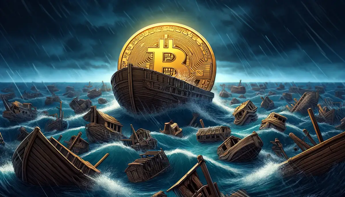 bitcoin przedstawiony jako solidna łódź pośród wielu wraków w pełnym morzu