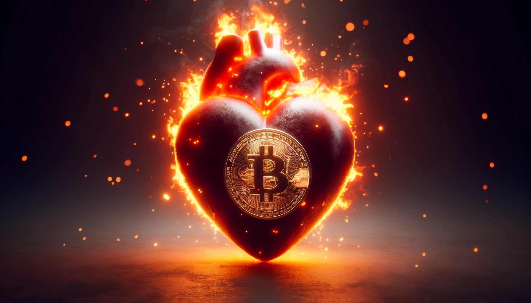 płonące serce z monetą bitcoin w centralnej części na ciemnym tle, oświetlanym blaskiem ognia