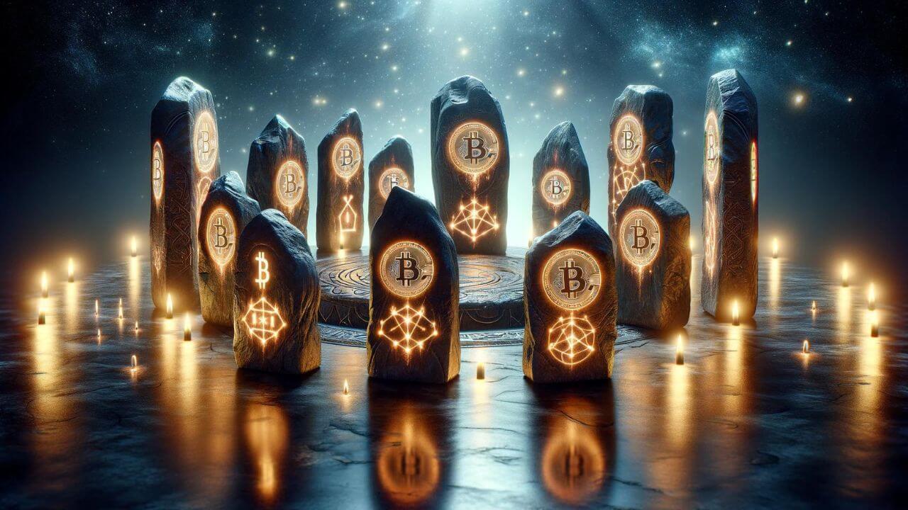 Runy na Bitcoinie w stylu Stonehenge, krajobraz nocny ze światłami