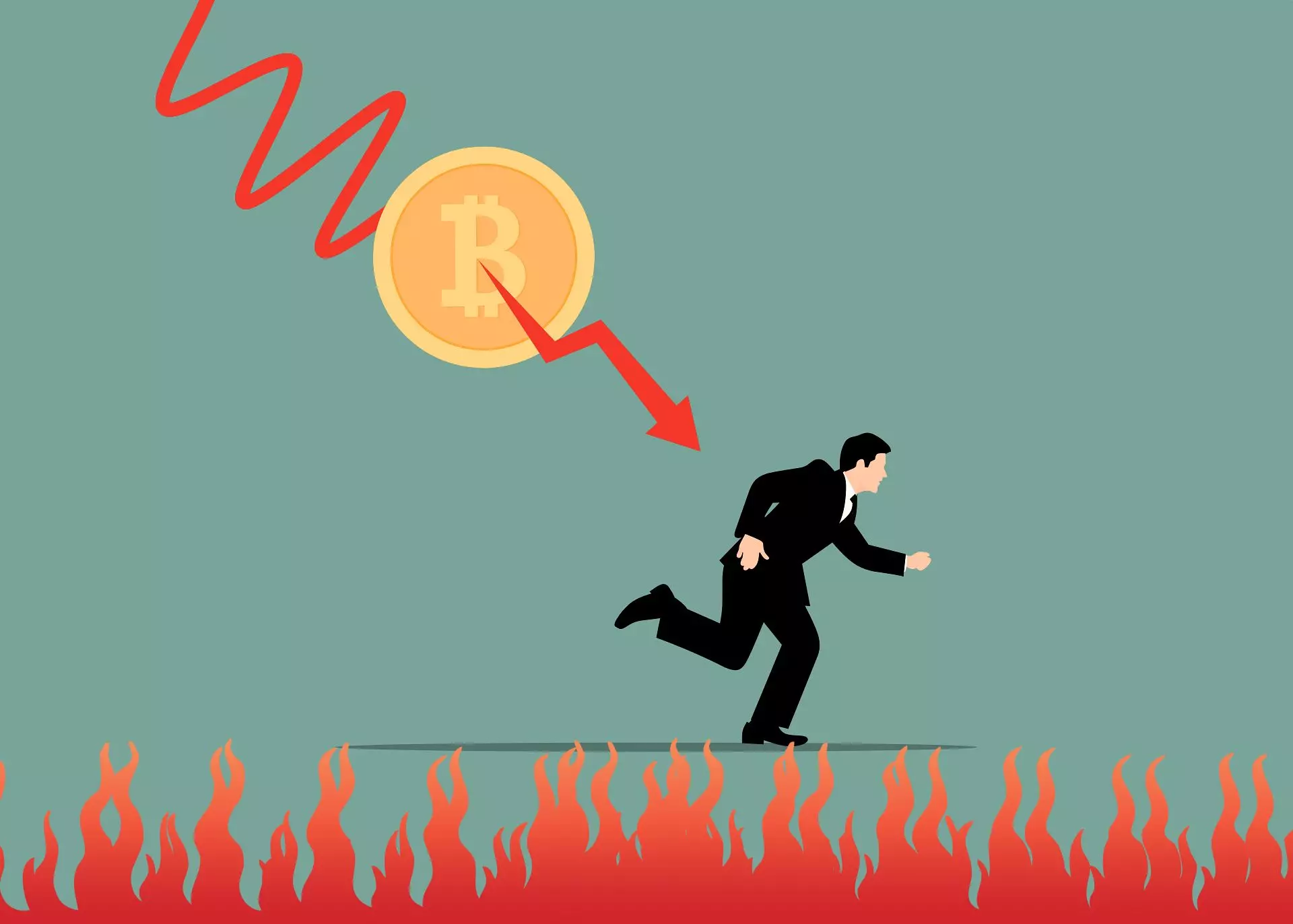 Bitcoin i wykres spadkowy, płomienie, uciekający mężczyzna.