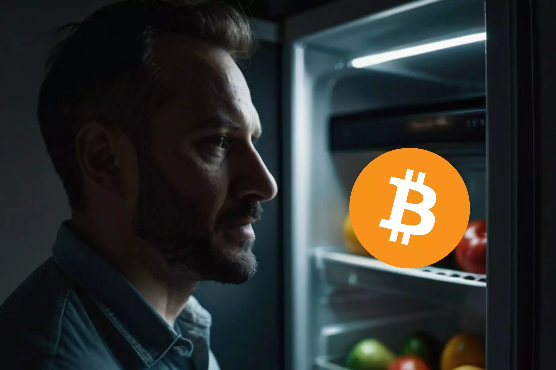 Mężczyzna zagląda do lodówki, w której jest Bitcoin