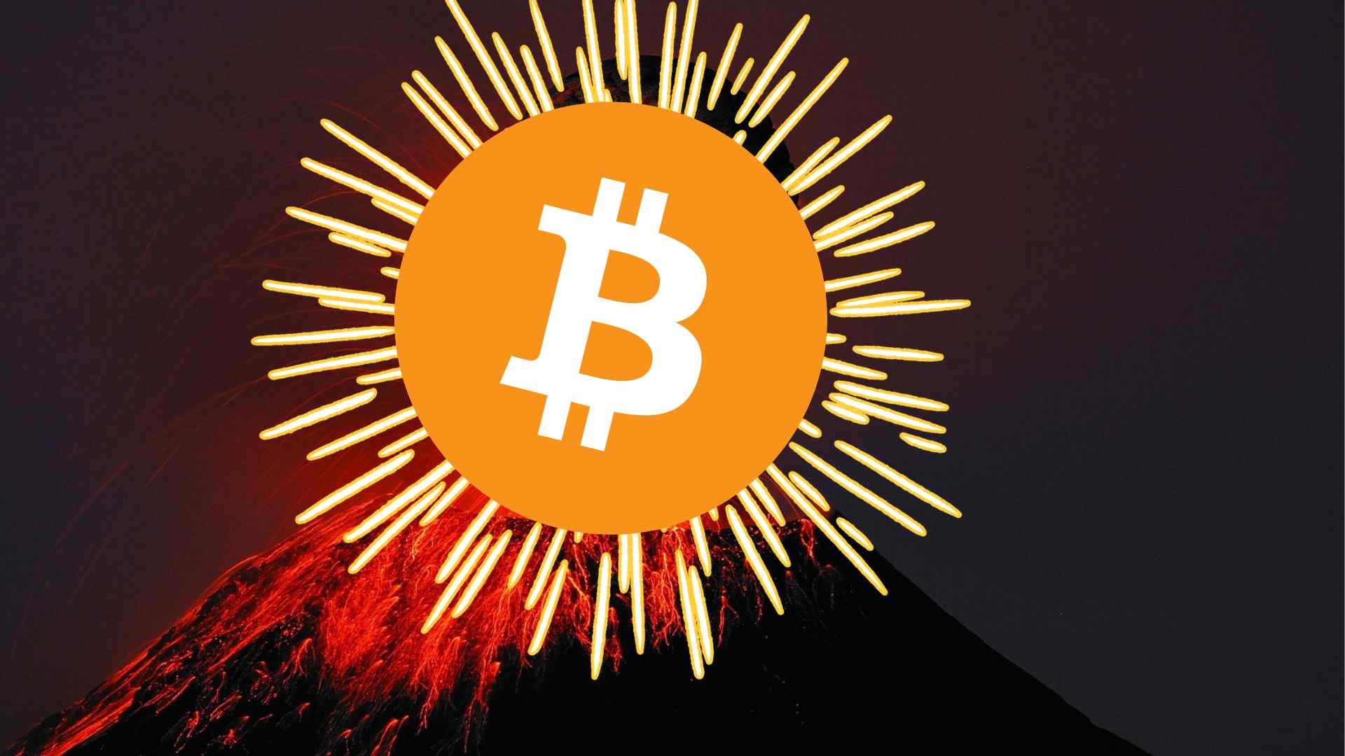 Bitcoin w złotej poświacie wypływający z wulkanu.