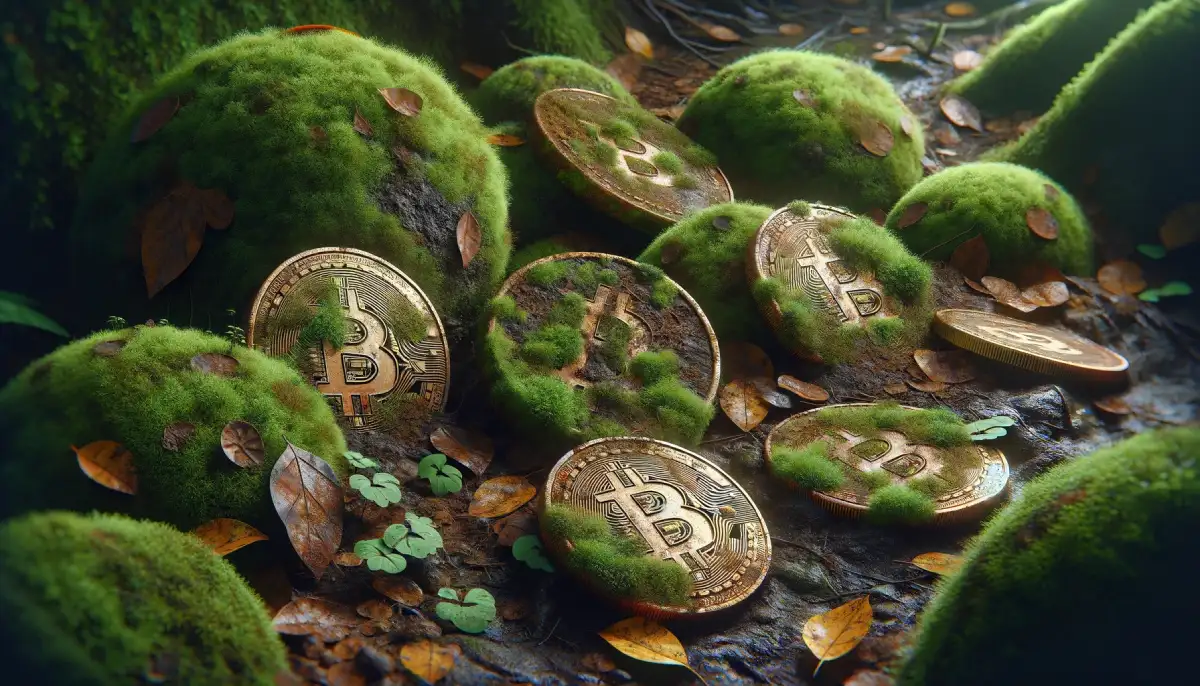 zapomniane, zaśniedziałe bitcoiny w formie monet porzucone w lesie, obrośnięte mchem