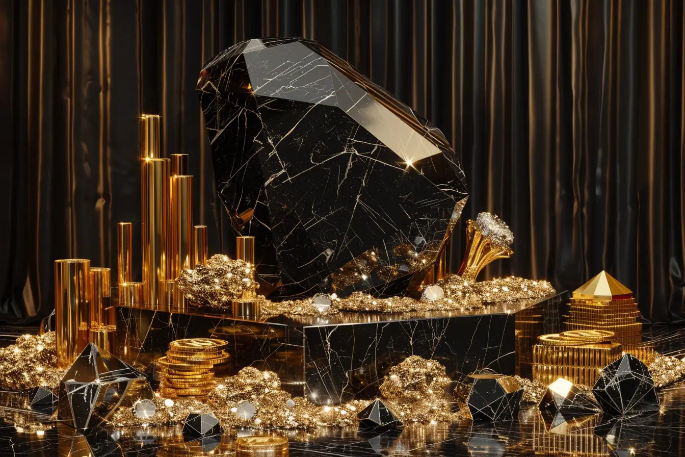 czarny kamień symbolizujący firmę blackrock pośród złota i diamentów