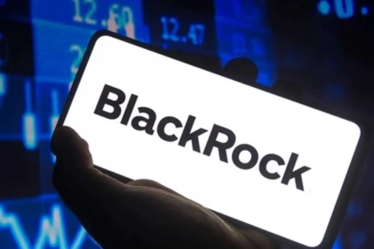 Napis BlackRock na ekranie telefonu, z wykresami w tle