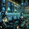 boty ai siedzące przed monitorami analizujące skomplikowane wykresy