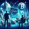 Dwóch mężczyzn ogląda wykres. W tle Bitcoin.