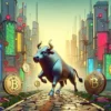 Byk na chodniku z kamieni. W tle Bitcoiny i miasto.