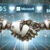 Uścisk dłoni robotów. W tle logo ScapesMania, Aptos, Microsot i SK telecom.