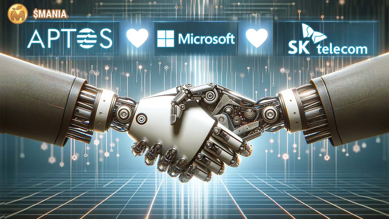 Uścisk dłoni robotów. W tle logo ScapesMania, Aptos, Microsot i SK telecom.