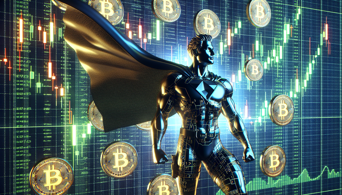 Superbohater w pelerynie, w tle Bitcoiny i wykresy giełdowe