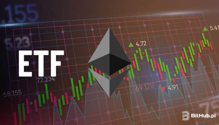 Grafika przedstawiająca wykres na tle którego jest Ethereum oraz napis ETF