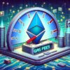 futurystyczny niebieski wskaźnik gas fees na ethereum pokazujący najniższy możliwy poziom