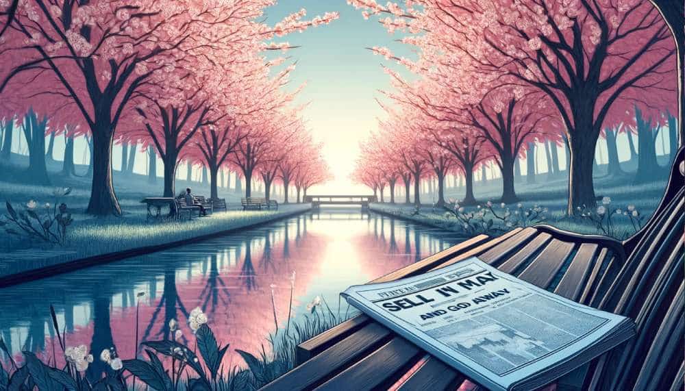Gazeta z tytułem "Sell in may and go away" na ławce w parku. Różowe kwitnące drzewa.