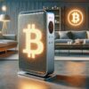 Grzejnik Bitcoin na środku salonu w mieszkaniu.