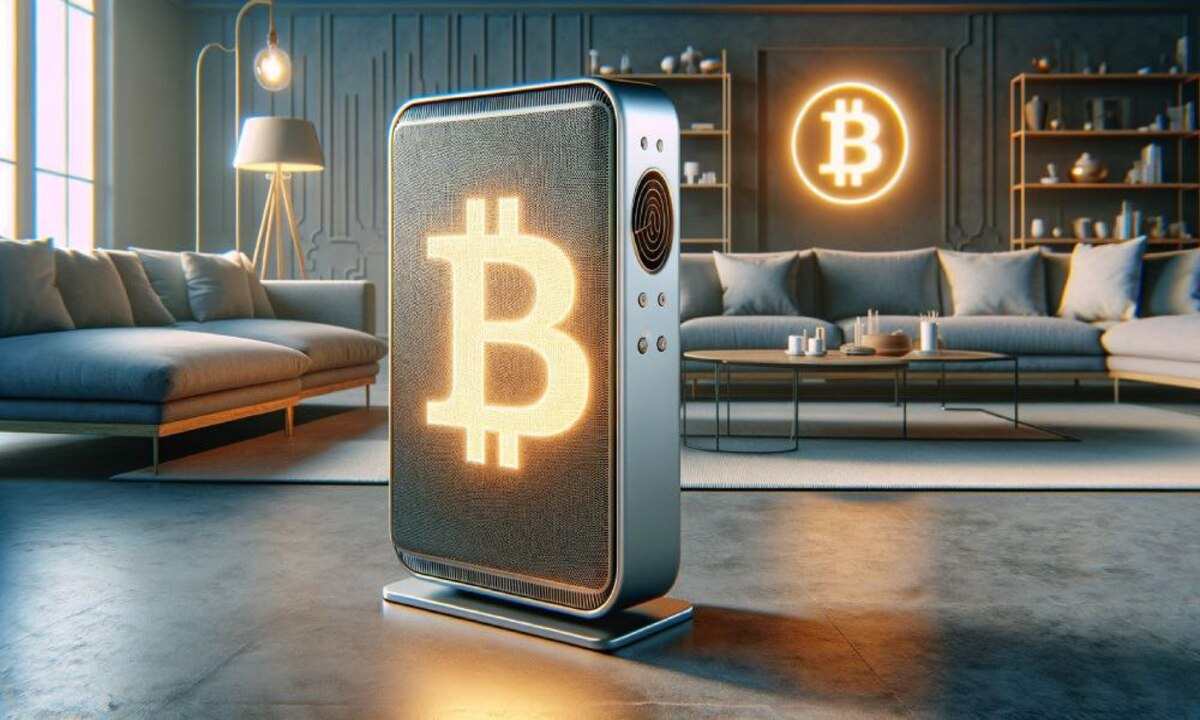 Grzejnik Bitcoin na środku salonu w mieszkaniu.