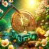 Bitcoin w lesie pośród kwiatów.