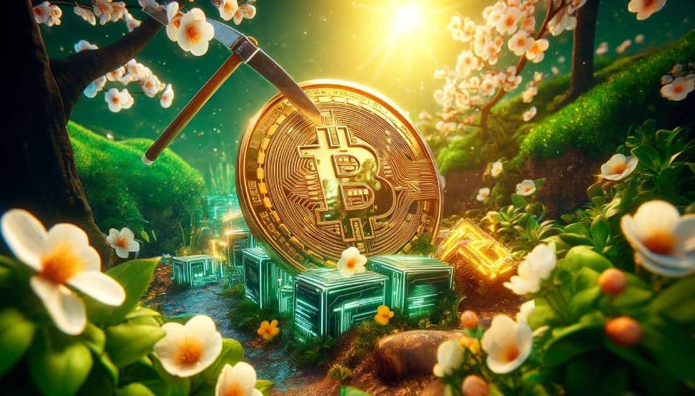 Bitcoin w lesie pośród kwiatów.