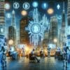 Roboty AI obserwujące wykresy kryptowalut. w tle symbole kryptowalut i futurystyczne miasto.