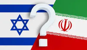Flagi Izraela i Iranu oraz znak zapytania