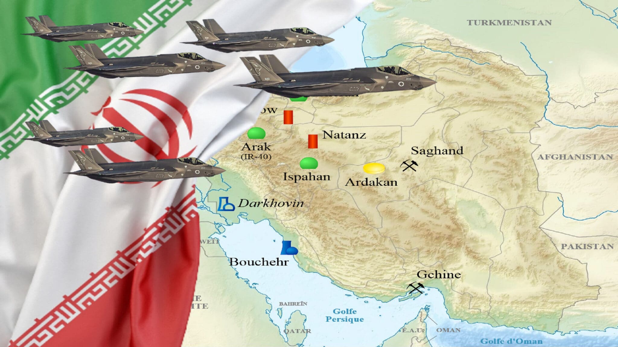 Samoloty wojskowe i flaga Iranu
