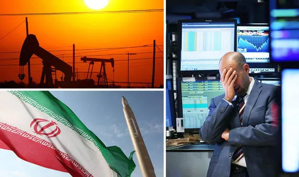 Wieże wiertnicze, flaga Iranu i makler Wall Street