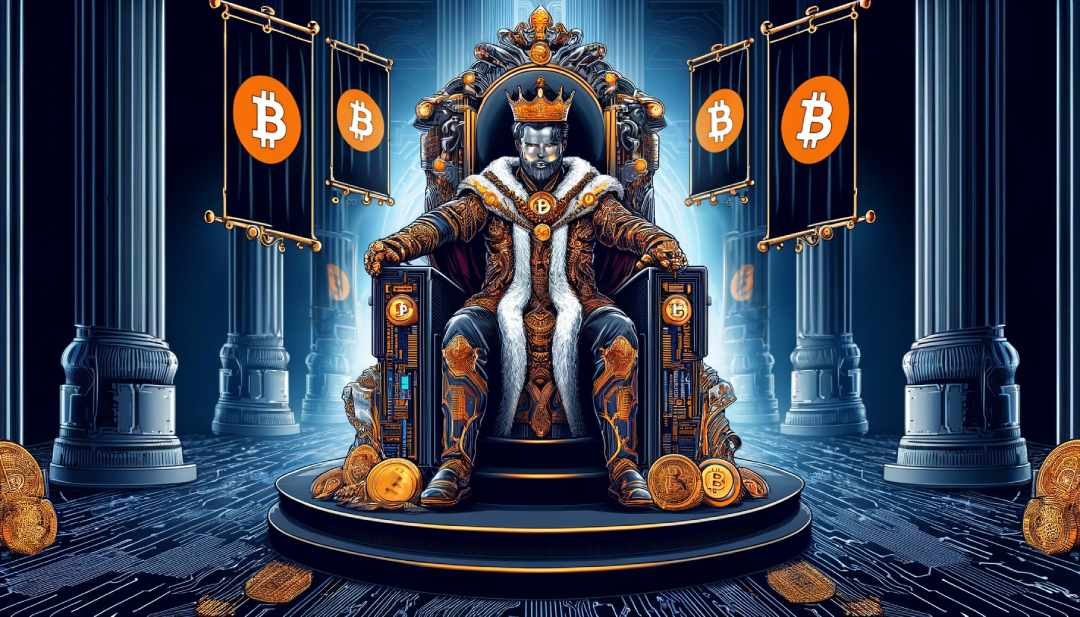 bitcoin reprezentujący wszystkie kryptowaluty siedzący na ogromnym złotym tronie w koronie