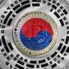 kryptowaluty umieszczone w mozaice z flagą Korei Południowej