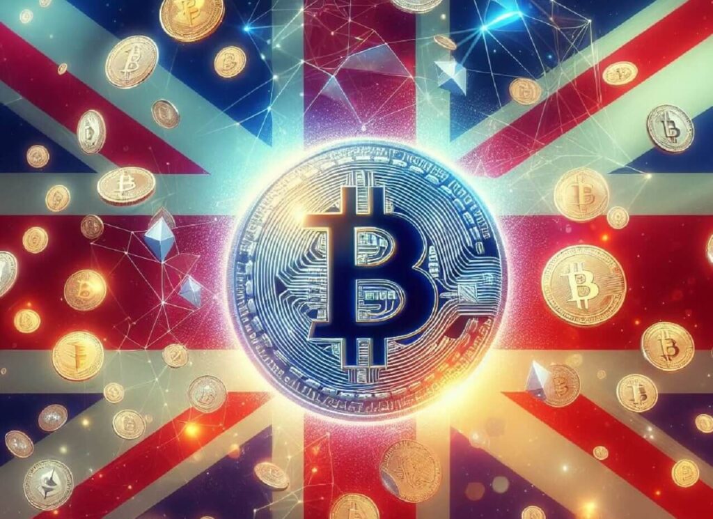kryptowaluty na tle flagi Wielkiej Brytanii