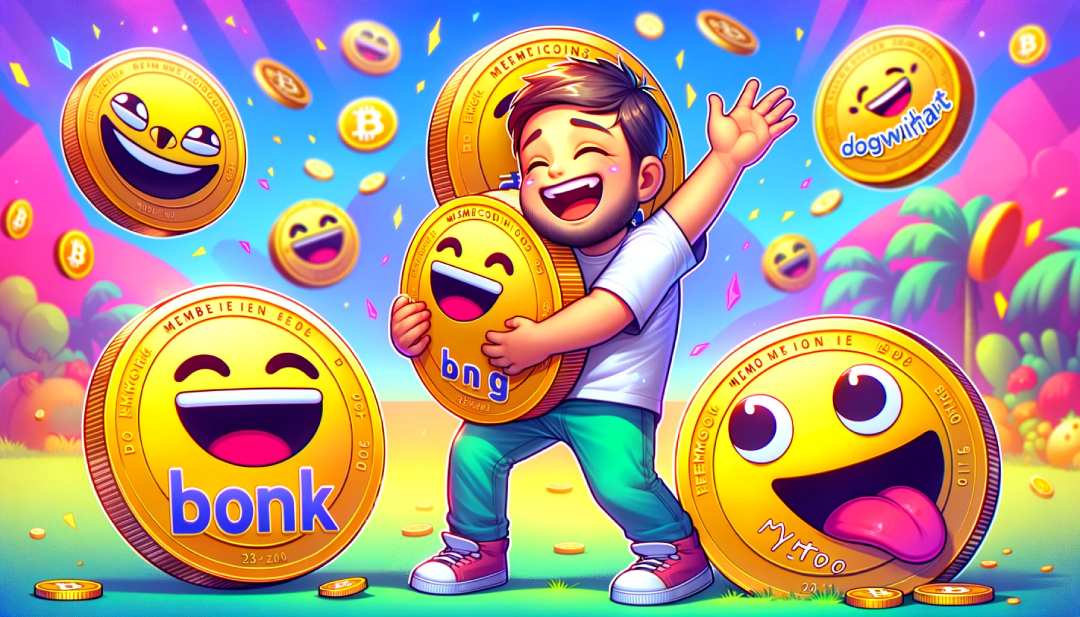 młody mężczyzna w bajkowej scenerii przytula złote uśmiechnięte monety będące odzwierciedlające memecoiny