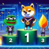 Bohaterowie memów na podium: pierwsze miejsce SHIB, drugie miejsce PEPE. W tle konfetti.