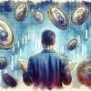 Mężczyzna przyglądający się wykresom giełdowym. W tle deszcz Bitcoinów.