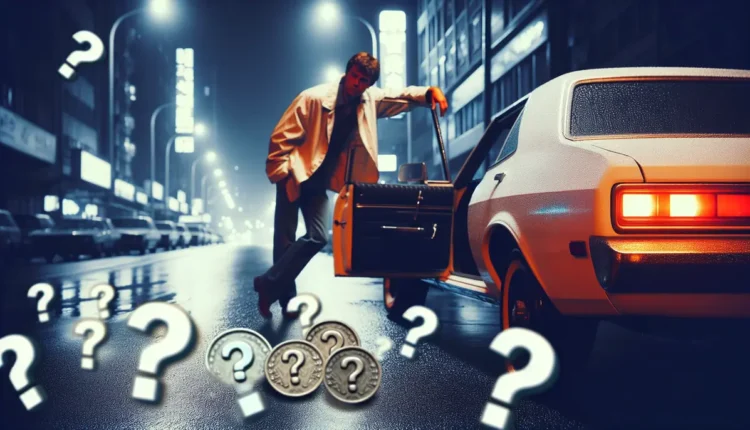 Mężczyzna stojący oparty o auto, w tle znaki zapytania.