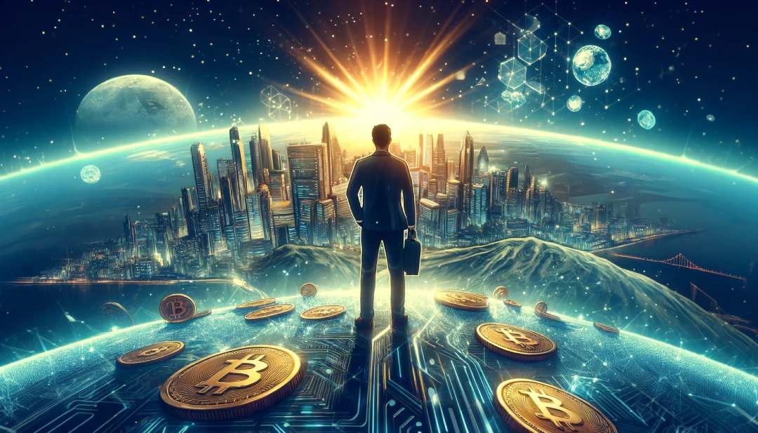 postać mężczyzny z teczką, przypuszczalnie CEO Microstrategy, nad horyzontem, w tle ziemia, słońce i inne planety, w przestrzeni porozrzucane monety Bitcoina